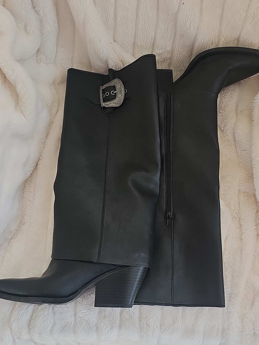 Zodiac Black Knee-High Buckle Block-Heel Boots